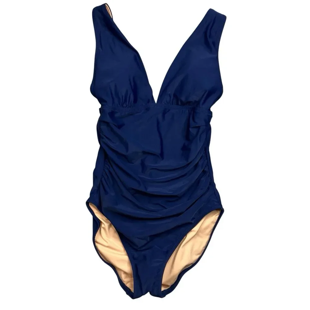 J.Crew One Piece Women S Navy Ruched Plunge Swimsuit V-Neck CI098 Resortwear